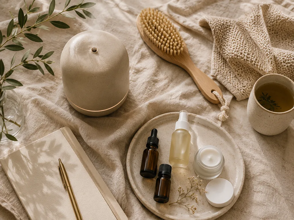 Objetos de autocuidado sobre lino: cuaderno, té, cepillo y cosmética natural
