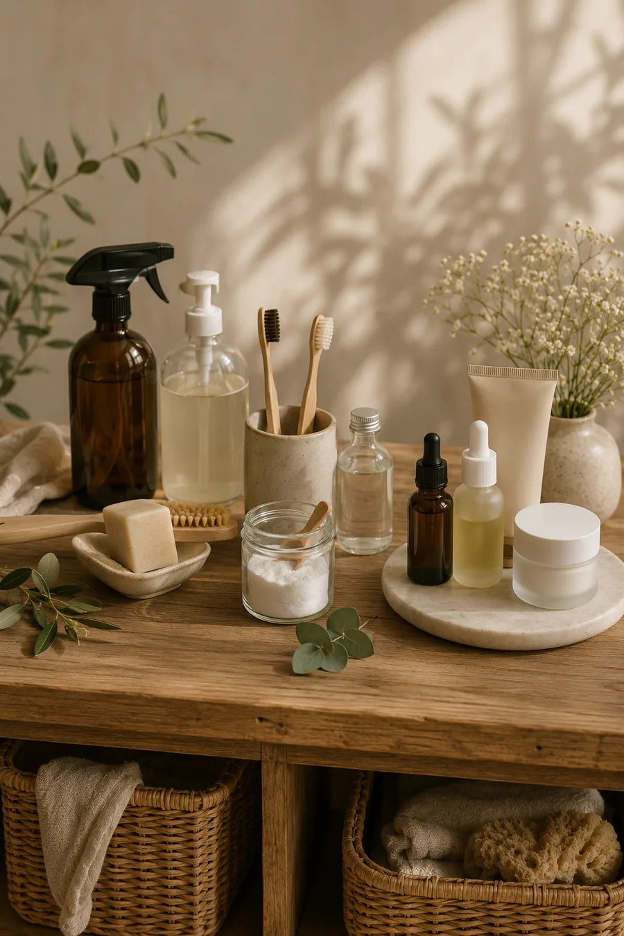 Estante de madera con cosmética natural, aceites esenciales y cepillos de bambú
