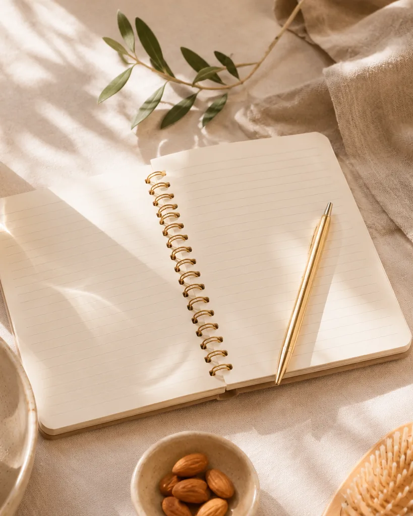 Cuaderno abierto con un vaso de agua con limón, fruta y una vela