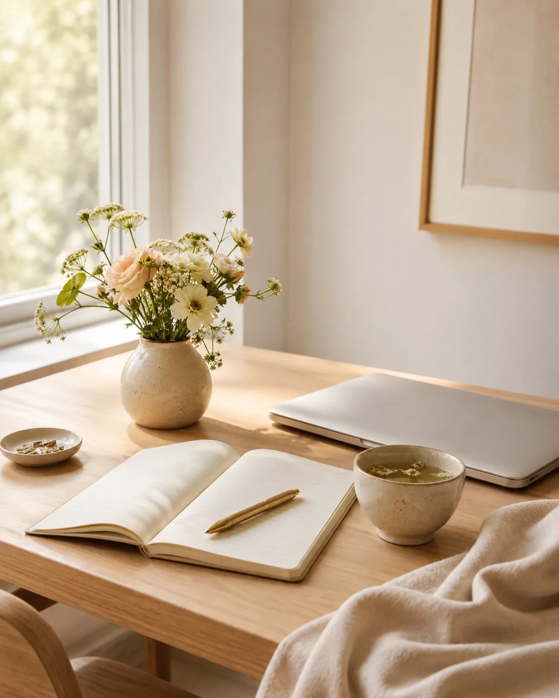 Escritorio con un cuaderno abierto, un bolígrafo y una taza junto a la ventana