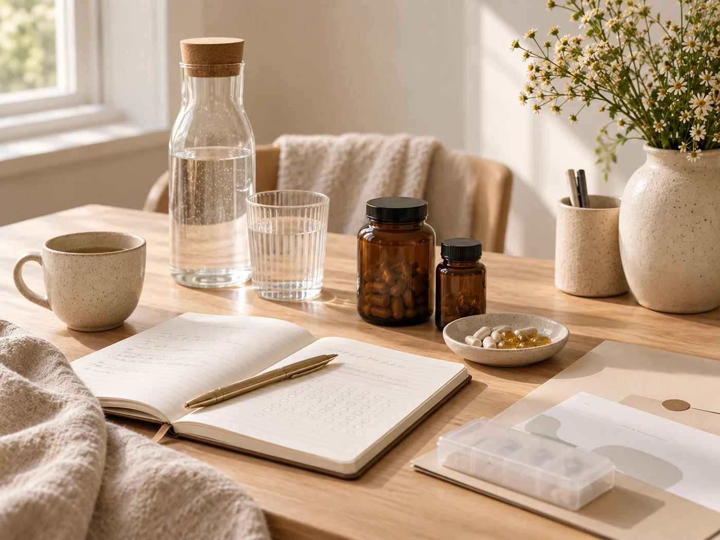 Suplementos, agua y cuaderno integrados en una rutina cotidiana