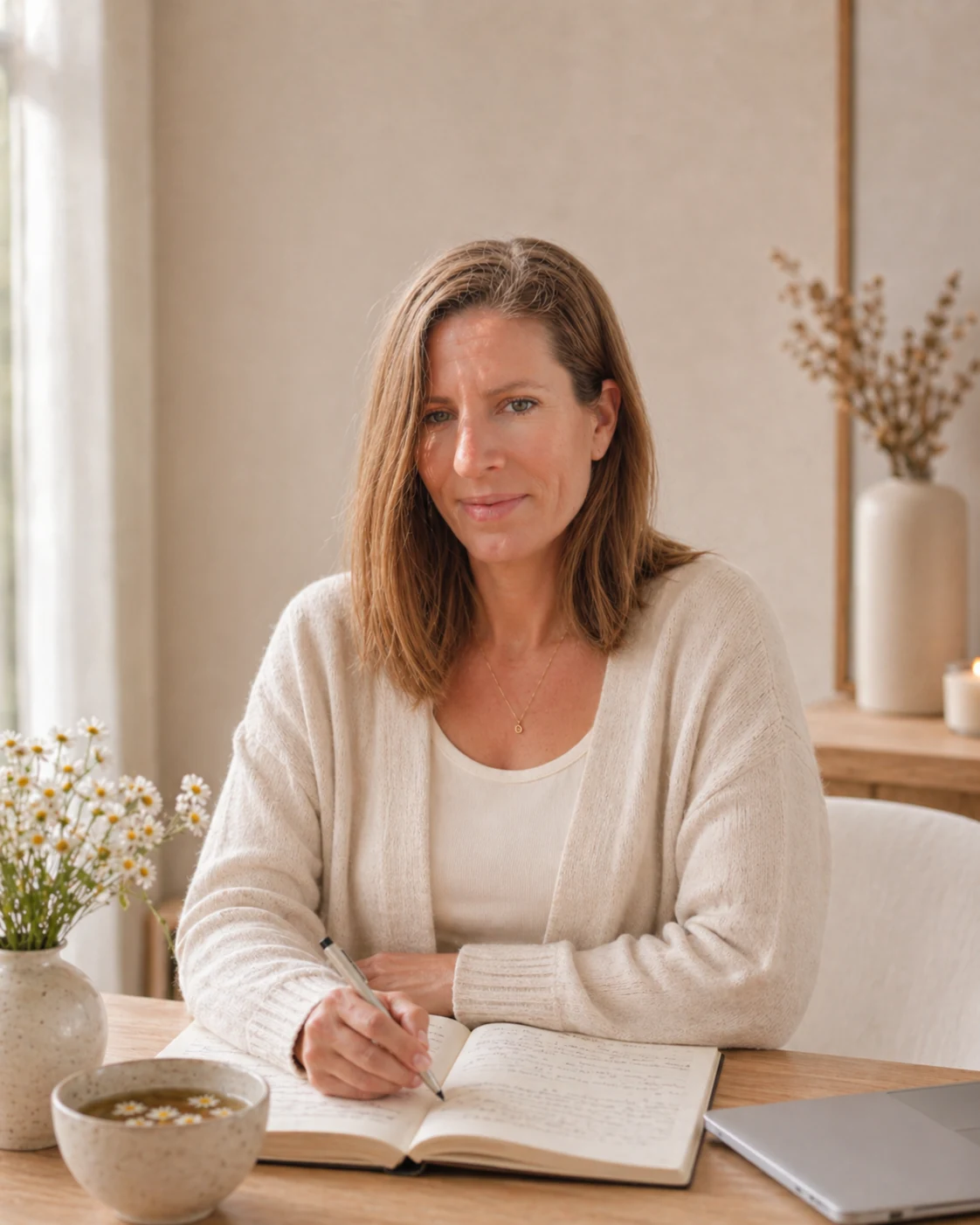 Mónica Luque escribiendo en una libreta en un espacio luminoso y sereno